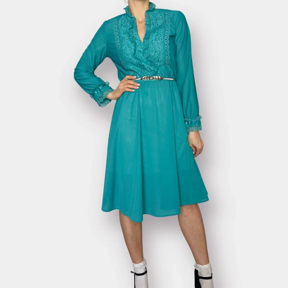80s Jane Baar Teal Day‎ Dress with Lace Trim